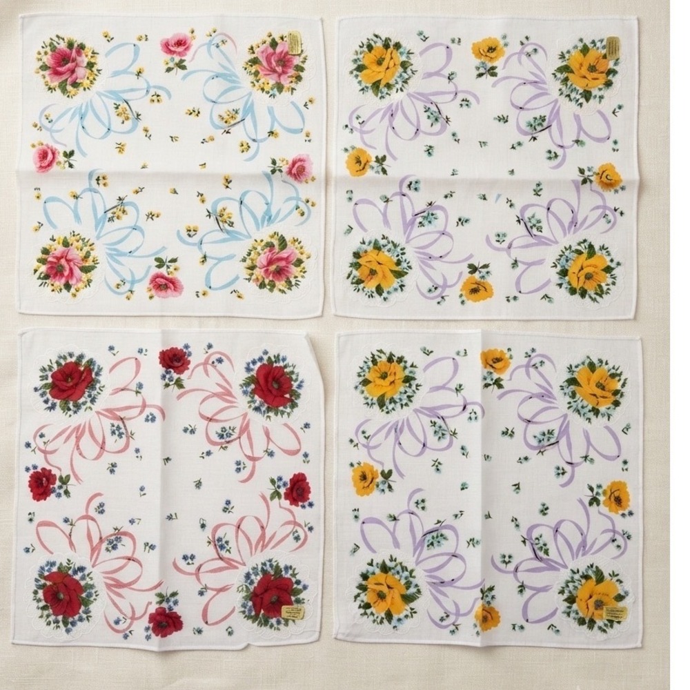 Vintage Floral Cotton‎ Handkerchief Set 4pc Ribbon Bow Rose Print 100% Cotton